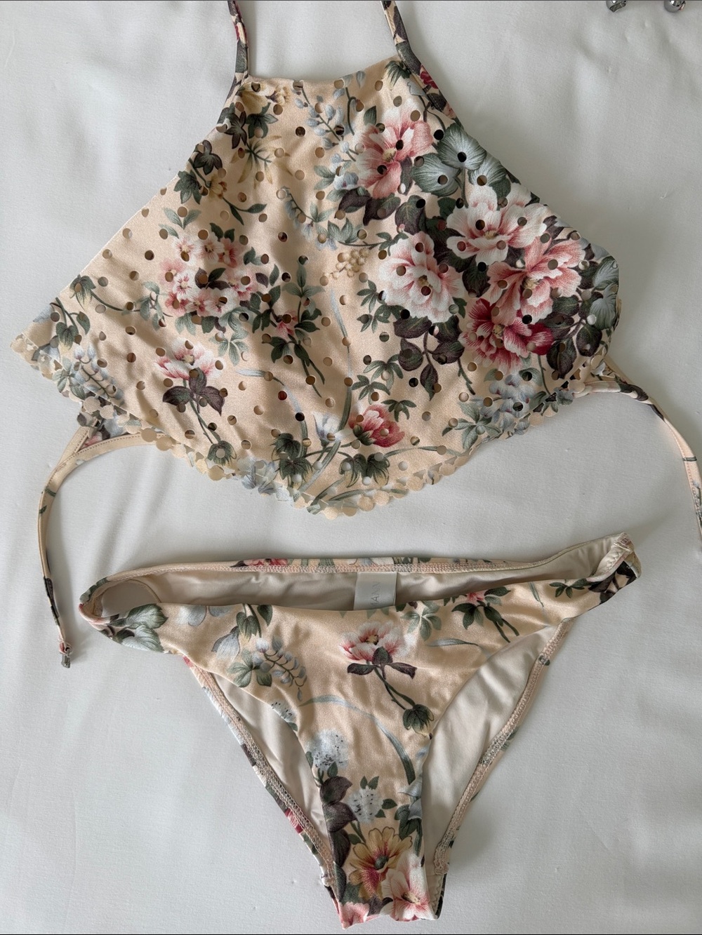 Zimmermann Floral High-Neck Bandeau Bikini Set in Cream, Pink and Green 0 XS